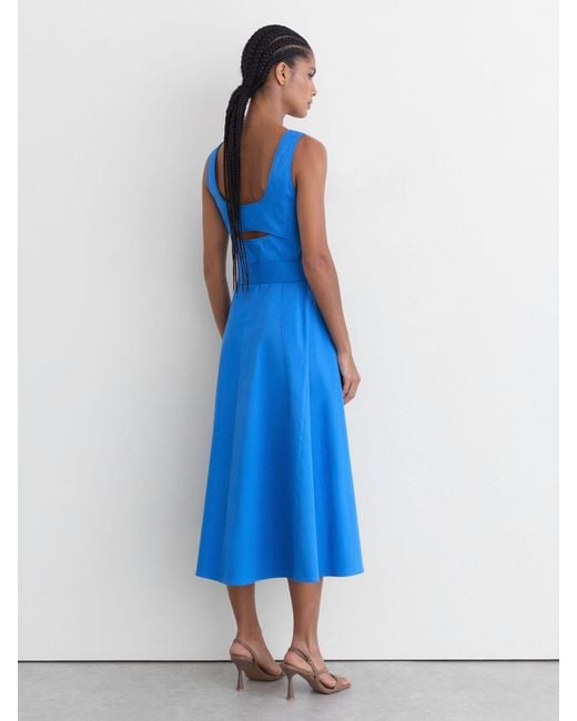 Reiss Irina - Blue Cotton Belted Midi Dress With Stretch, Us 6