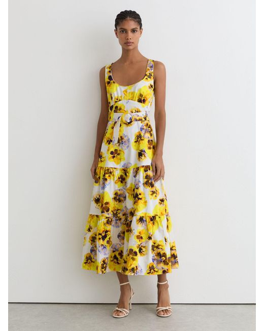 Reiss Metallic Erin - Yellow Stretch-cotton Floral-print Midi Dress, Us 6