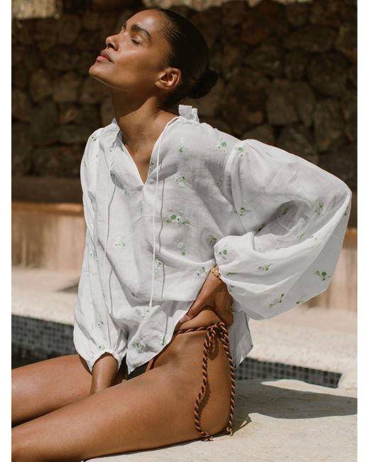 Reiss White Floral-Embroidered Tie-Neck Blouse Ramie-Lyocell