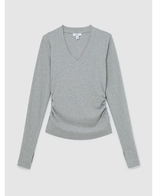 Reiss White Cotton-Stretch V-Neck Ruched Top