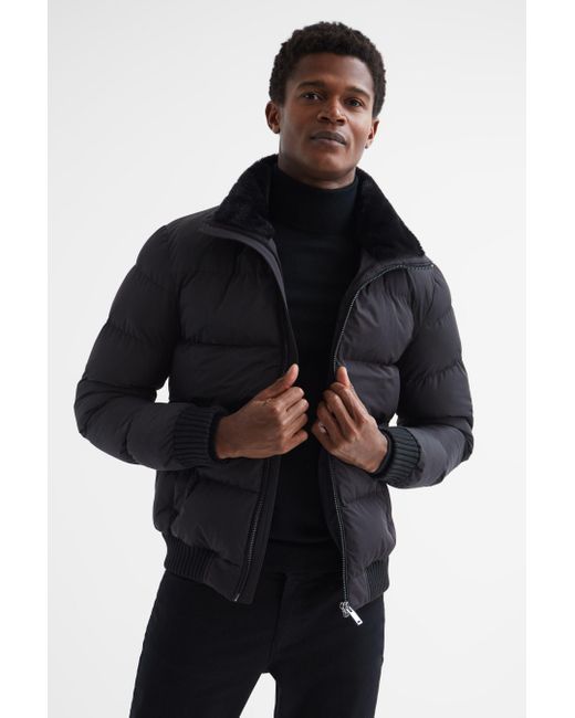 Reiss Frost - Black Faux Fur Trim Puffer Jacket, L for men