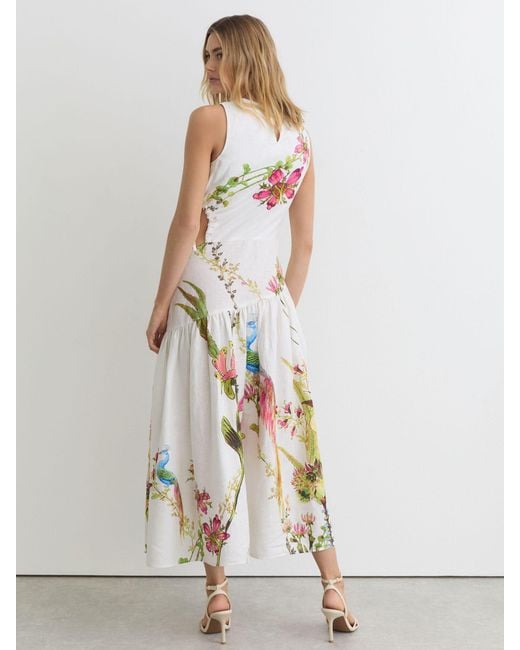 Reiss White Bianca - Ivory Linen Floral-print Cut-out Midi Dress, Us 12