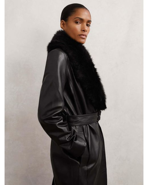 Reiss Estee - Black Leather Trench Coat With Shearling Collar, Us 8