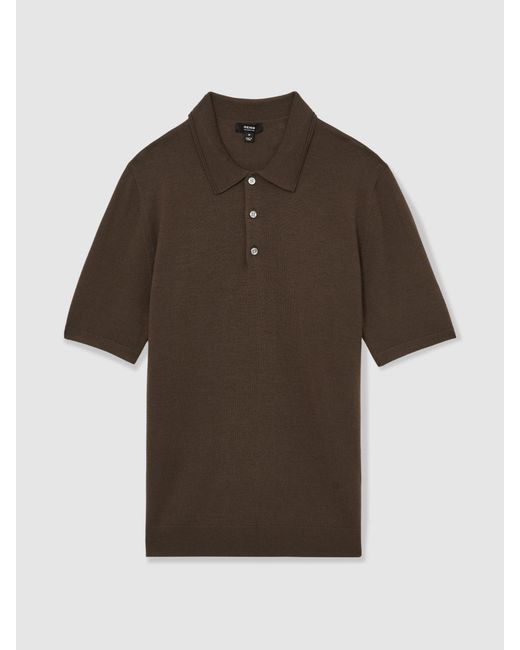 Reiss Brown Merino Wool Short Sleeve Polo Shirt for men