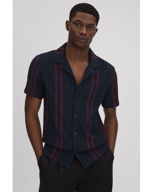 Reiss Blue Castle - Navy/bordeaux Ribbed Striped Cuban Collar Shirt for men