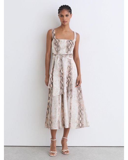 Reiss Natural Amy - Neutral Linen-blend Snake-print Midi Dress, Us 6