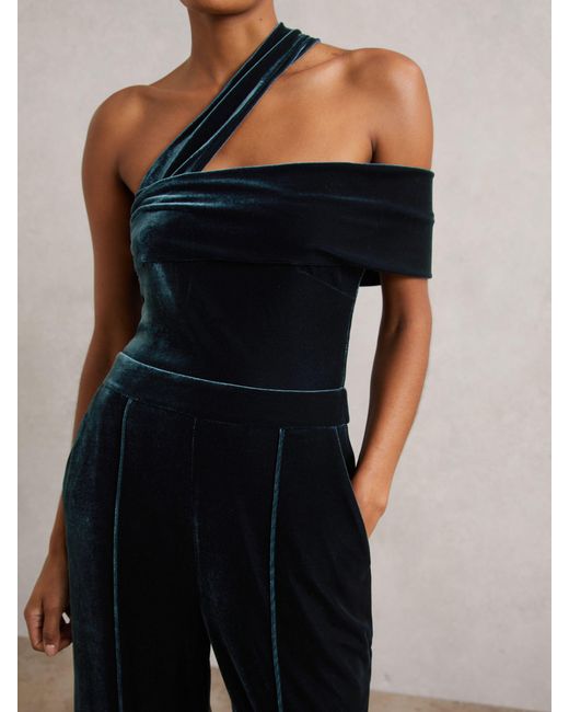 Reiss White Daria - Teal Green Velvet One-shoulder Wide-leg Jumpsuit, Us 14