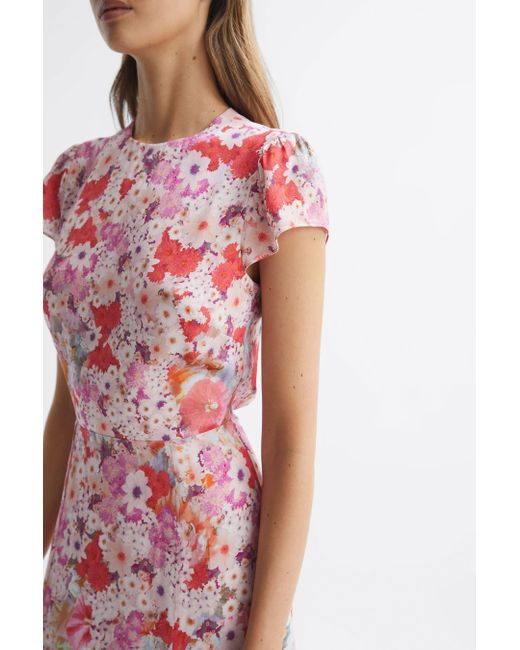 Reiss Red Ivy Floral-print Cap-sleeve Woven Midi Dress