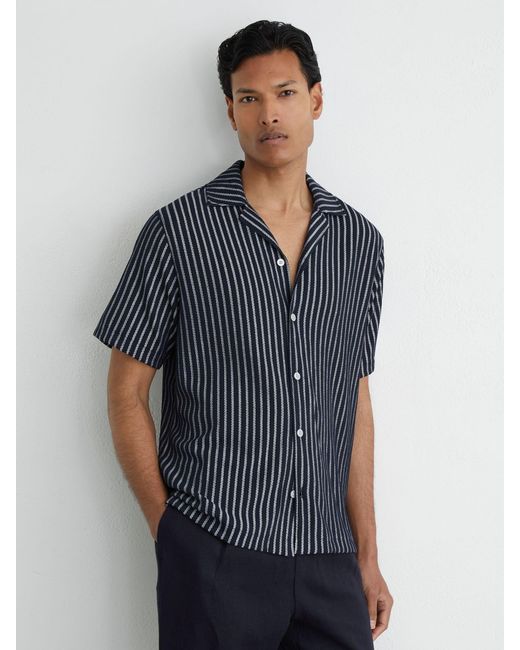 Reiss Blue Textured Stripe Cuban-Collar Shirt for men