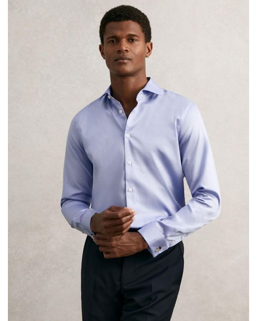 Reiss Remote - Mid Blue Slim Fit Cotton Satin Double Cuff Shirt, Us 15 for men