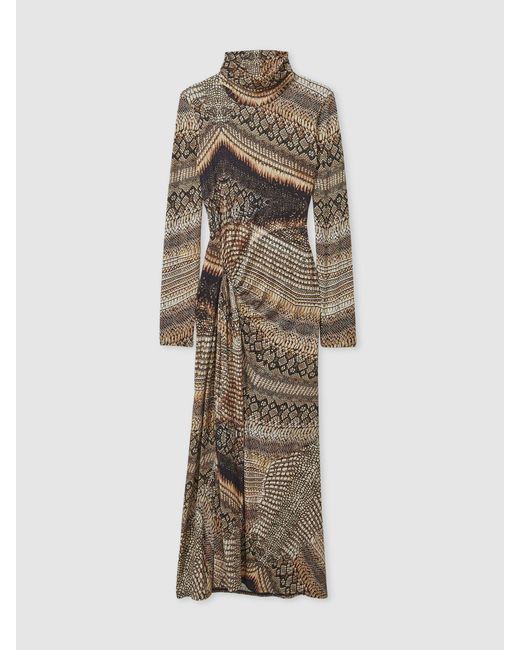 Reiss Natural Naomi - Brown Snake-print Draped Midi Dress, S (us 4-6)