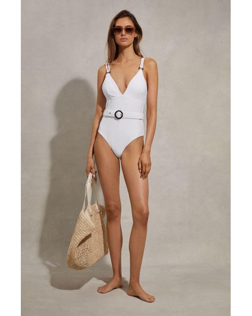 Reiss Alora - White Textured Belted Swimsuit