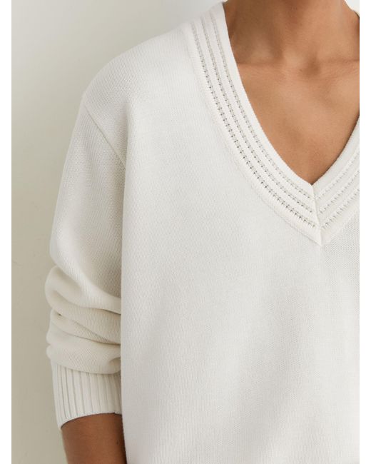 Reiss White Cherish - Ivory Cotton And Wool V-neck Jumper, Xs (us 2)