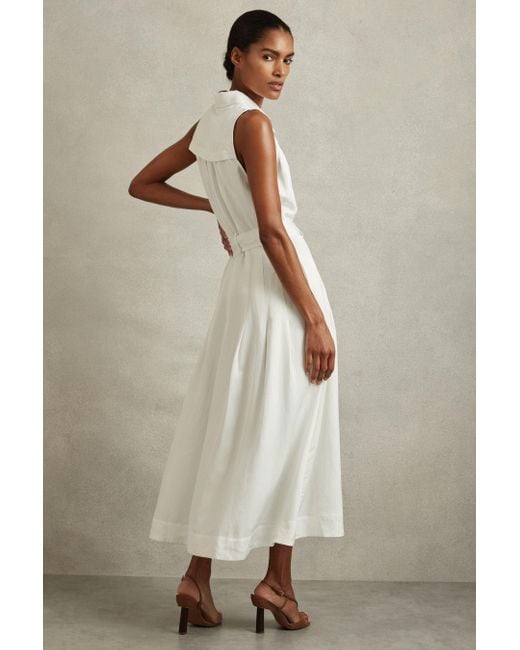 Reiss Natural Heidi - White Viscose Linen Belted Midi Dress, Us 2