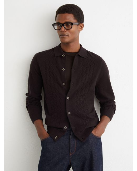 Reiss Black Wool Stitch-Detail Button Cardigan for men