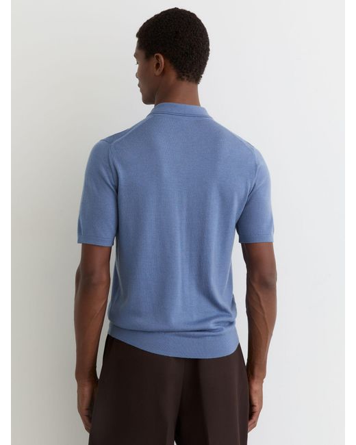Reiss Blue Merino Wool Open-Collar Polo Shirt for men