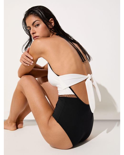 Reiss Multicolor Tan Colourblock Halter Swimsuit