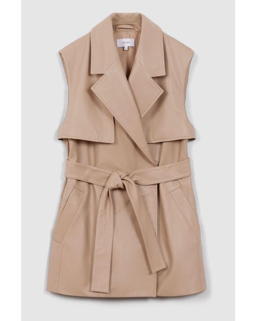 Reiss Natural Everley - Neutral Leather Double Breasted Gilet