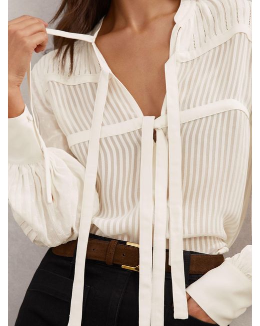 Reiss Natural Tie-Detail Shadow-Stripe Blouse