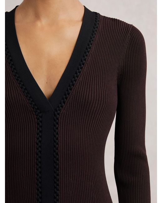 Reiss Black Burgundy & Craft-Stitch Rib-Knit Mini Dress