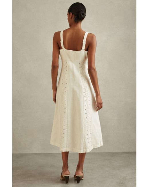 Reiss Natural Clarice - Ivory Linen Broderie Midi Dress