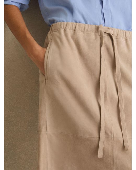 Reiss Natural Meagan - Neutral Suede Drawstring Midi Skirt, Us 8