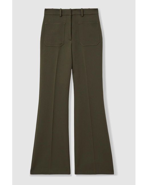 Reiss Green Petite Twill High-Rise Flared Trousers