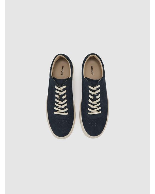Reiss Blue Nubuck Leather Perforated-Detail Trainers for men