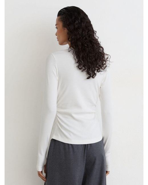Reiss White Cotton-Stretch V-Neck Ruched Top