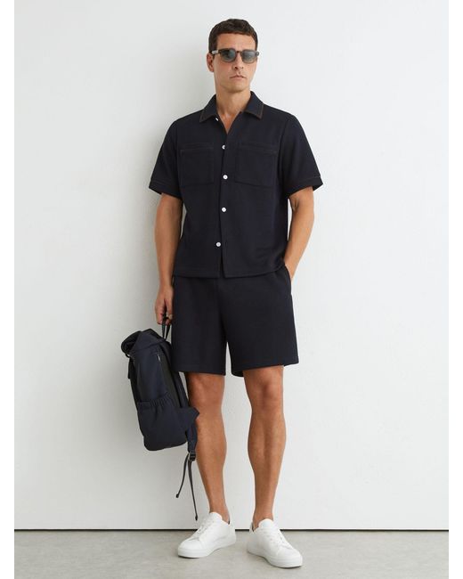 Reiss Blue Textured Piped Short-Sleeve Shirt for men