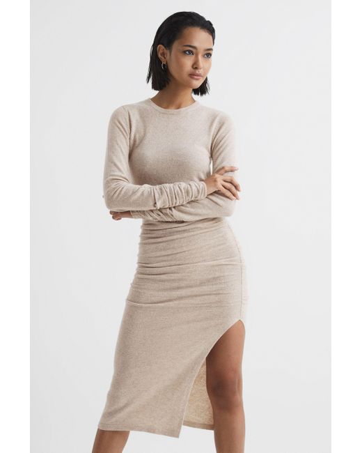 Reiss Natural Charley - Neutral Ruched Midi Dress