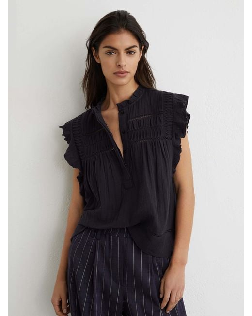 Reiss Blue Florie - Navy Cotton Cheesecloth Sleeveless Top, Us 4