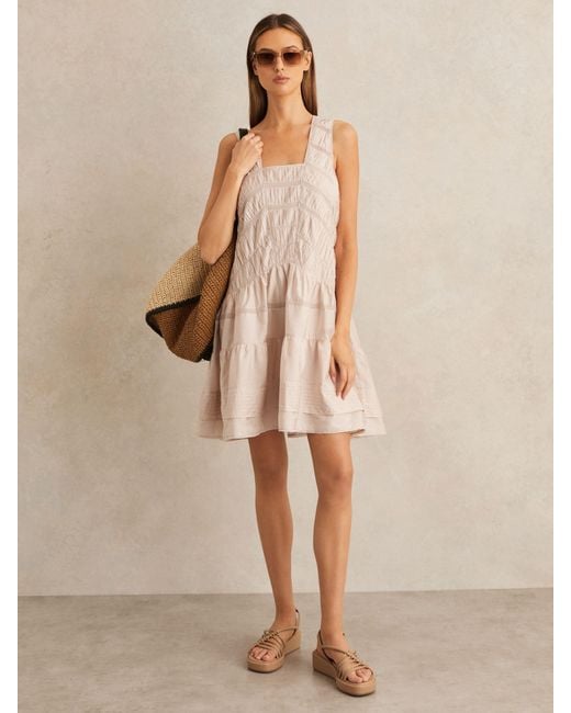 Reiss Natural Shirred Ruffle Hem Mini Dress