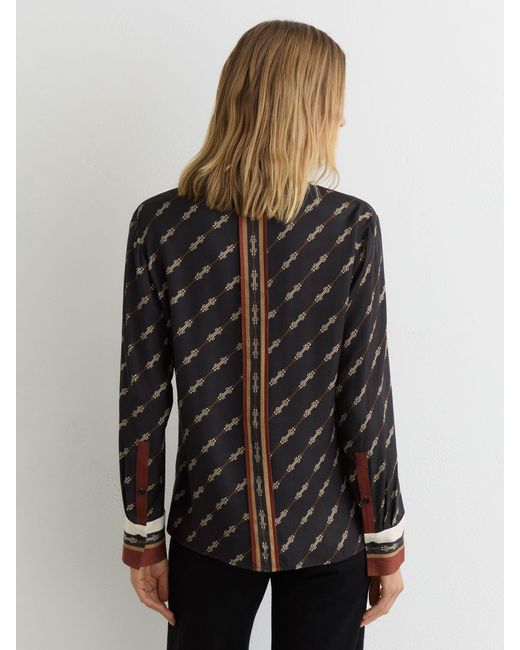 Reiss Lydia - Black Chain-print Tie-neck Shirt, Us 2