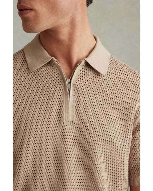 Reiss Brown Burnham - Taupe Cotton Blend Textured Half Zip Polo Shirt for men