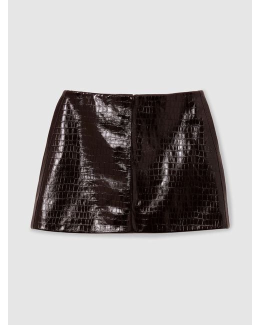 Reiss Black Cora - Burgundy Leather Crocodile-effect Mini Skirt, Us 8