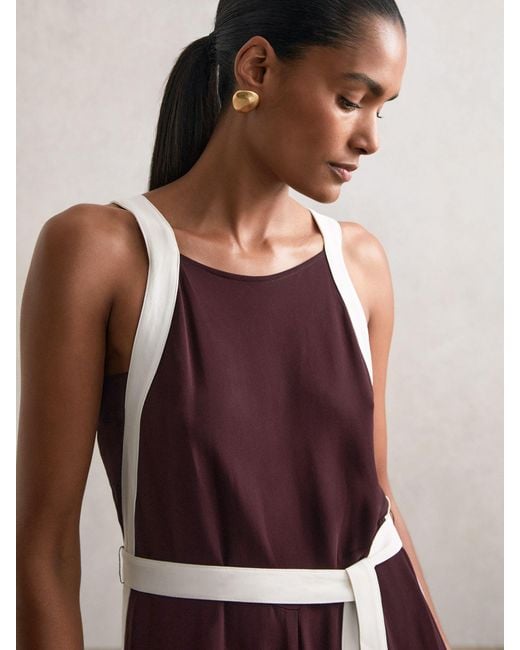 Reiss Multicolor Burgundy & Cream Colourblock Wide Leg Belted Jumpsuit