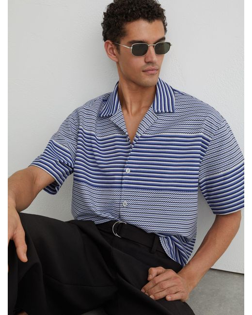 Reiss Solstice - Bright Blue Striped Cuban-collar Shirt With Cotton, M for men