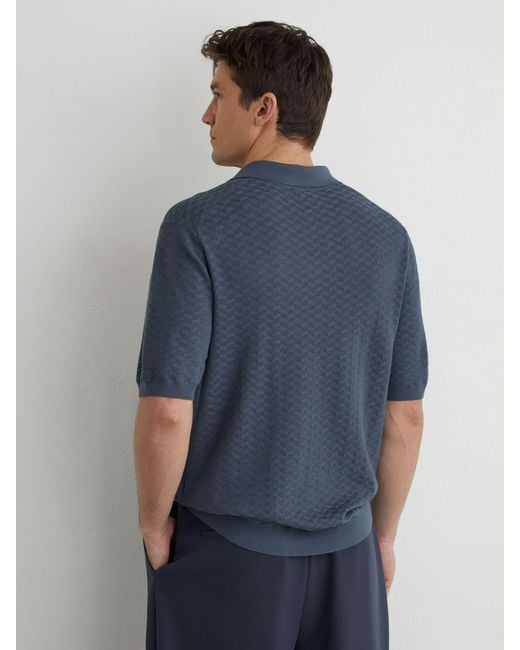 Reiss Blue Textured-Knit Open-Collar Polo Shirt for men