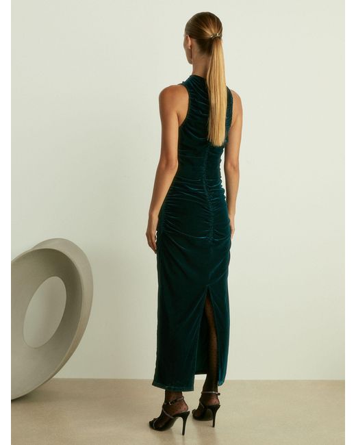 Reiss Blue Niva - Teal Racer-front Ruched-velvet Dress, Us 0