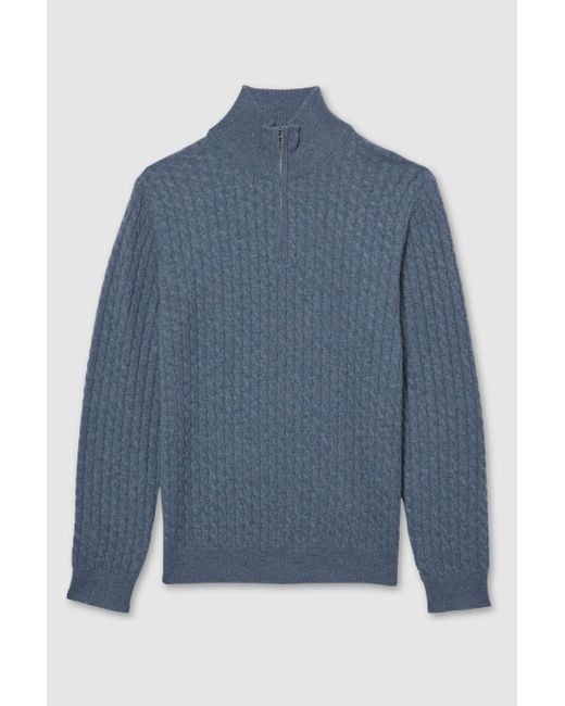 Reiss Blue Airforce Melange Atelier Cabled Cashmere Zip Neck Jumper for men