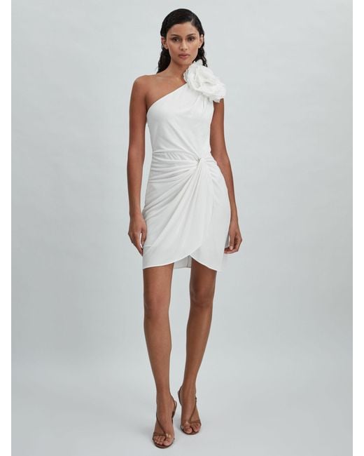 Halston One-Shoulder Ruffle Mini Dress, Forest & Off in White | Lyst UK
