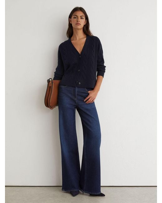 Reiss Blue Wool-Cashmere Cable-Knit Cardigan