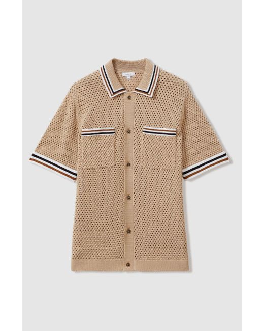 Reiss Natural Coulson - Soft Taupe Cotton Blend Crochet Shirt for men