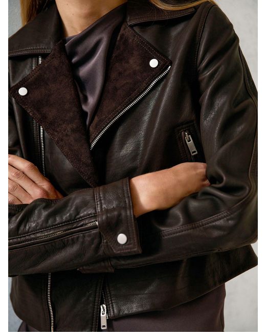 Reiss Black Petite Suede-Lapel Leather Biker Jacket