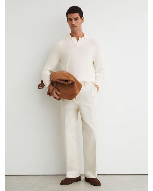 Reiss White Cotton Open-Collar Polo Jumper for men