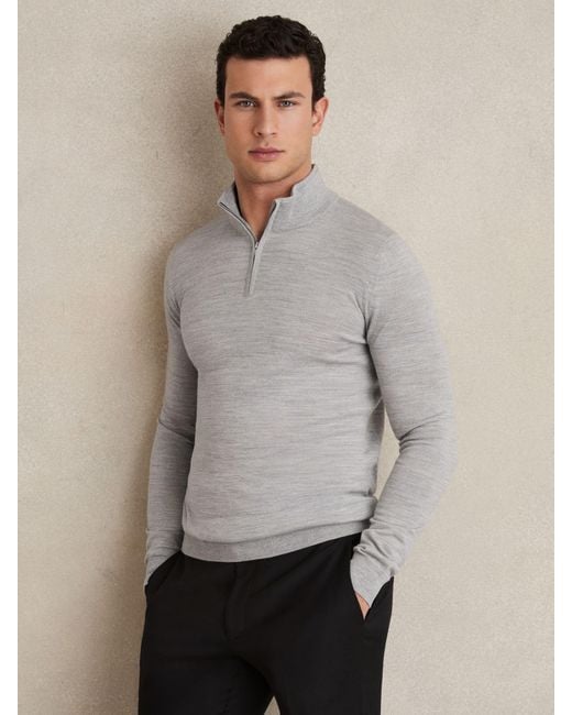Reiss Gray Merino Wool Half-Zip Jumper for men