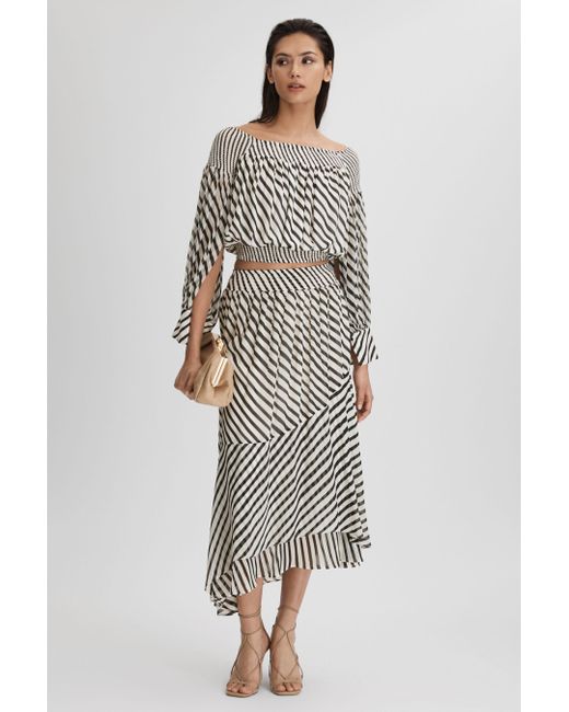 Reiss Gray Dani - Black/cream Striped Panelled Midi Skirt