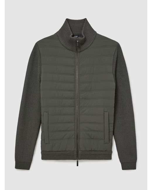 Reiss Black Quilted Rib-Knit Funnel-Neck Jacket for men