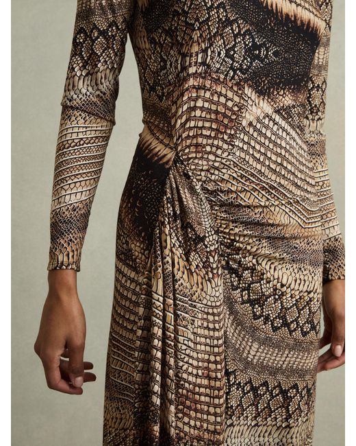 Reiss Natural Naomi - Brown Snake-print Draped Midi Dress, S (us 4-6)